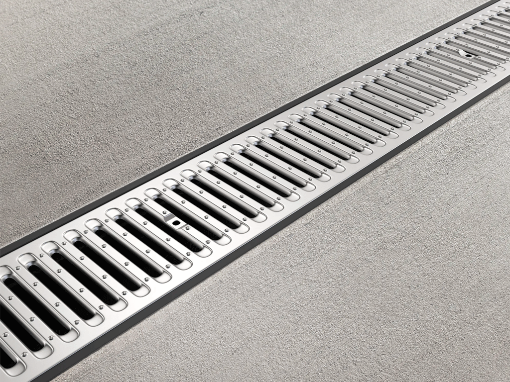 Rigolă din plastic BASE DN100 H80 cu grătar metalic zincat în fante clasa de sarcini A15